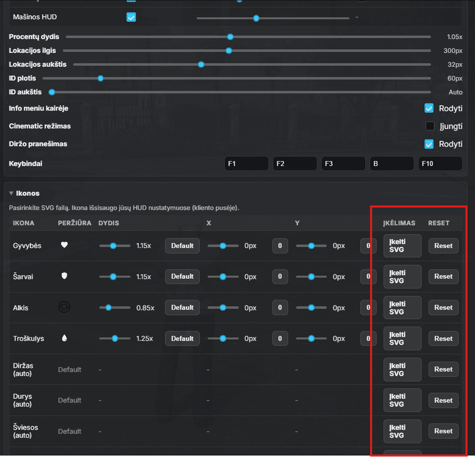 HUD ikonėlių keitimas